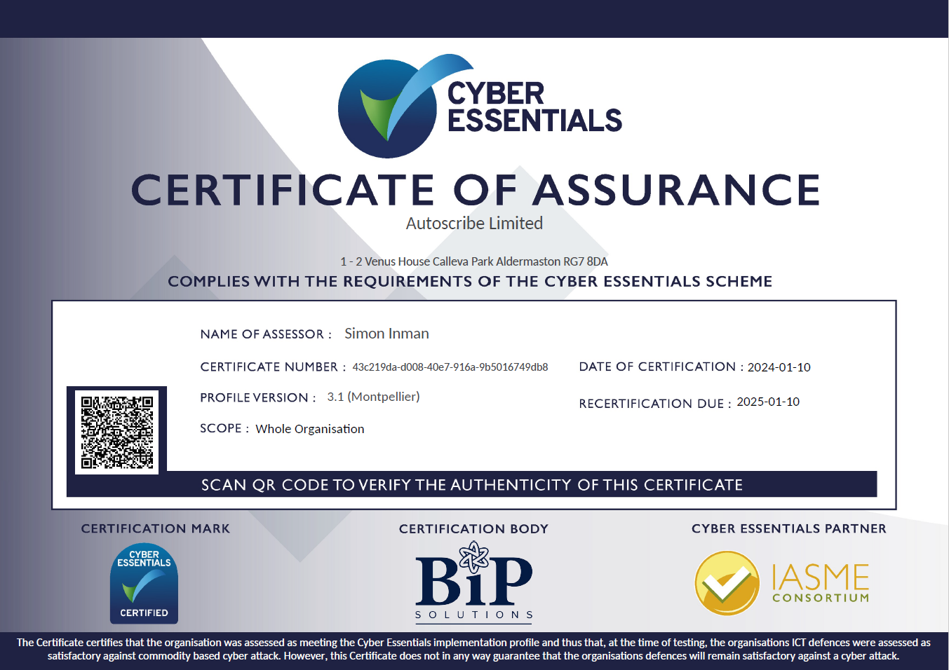 Autoscribe Cyber Security Certificate