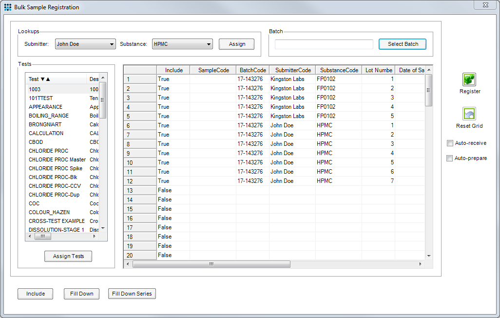 Typical Bulk Sample Registration Screen